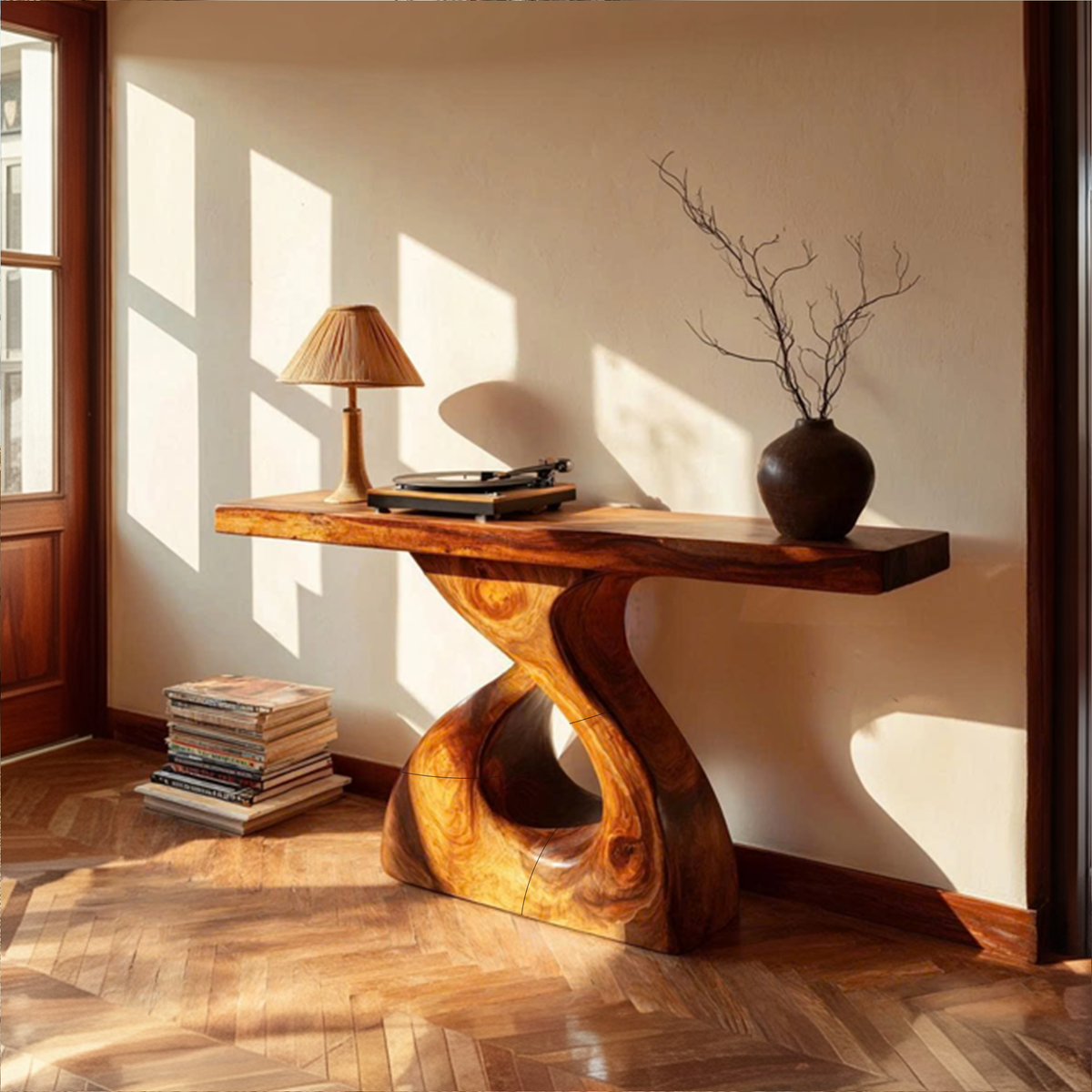 Rustic Console Table, Natural Edge Solid Wood Slab, Handcrafted Tree Root Base Entryway Foyer Table
