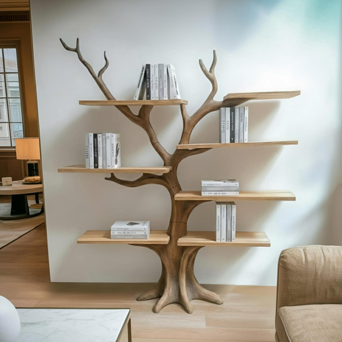 Rustic Organic Tree Decorative Shelf, Handcrafted Solid Wood Branch Bookshelf & Wall Art Display for Living Room, Bed