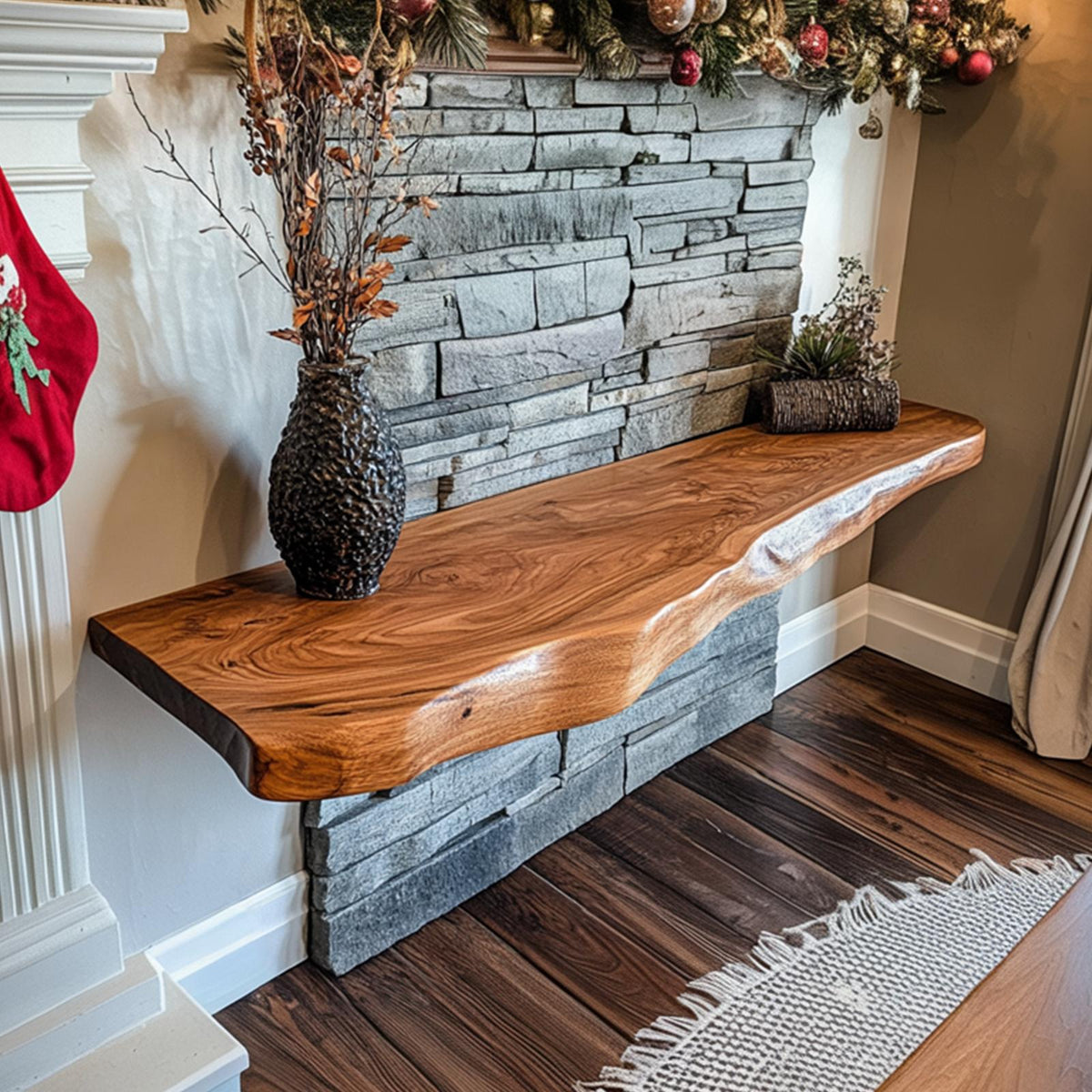 Rustic Live Edge Floating Shelf Christmas Fireplace Display