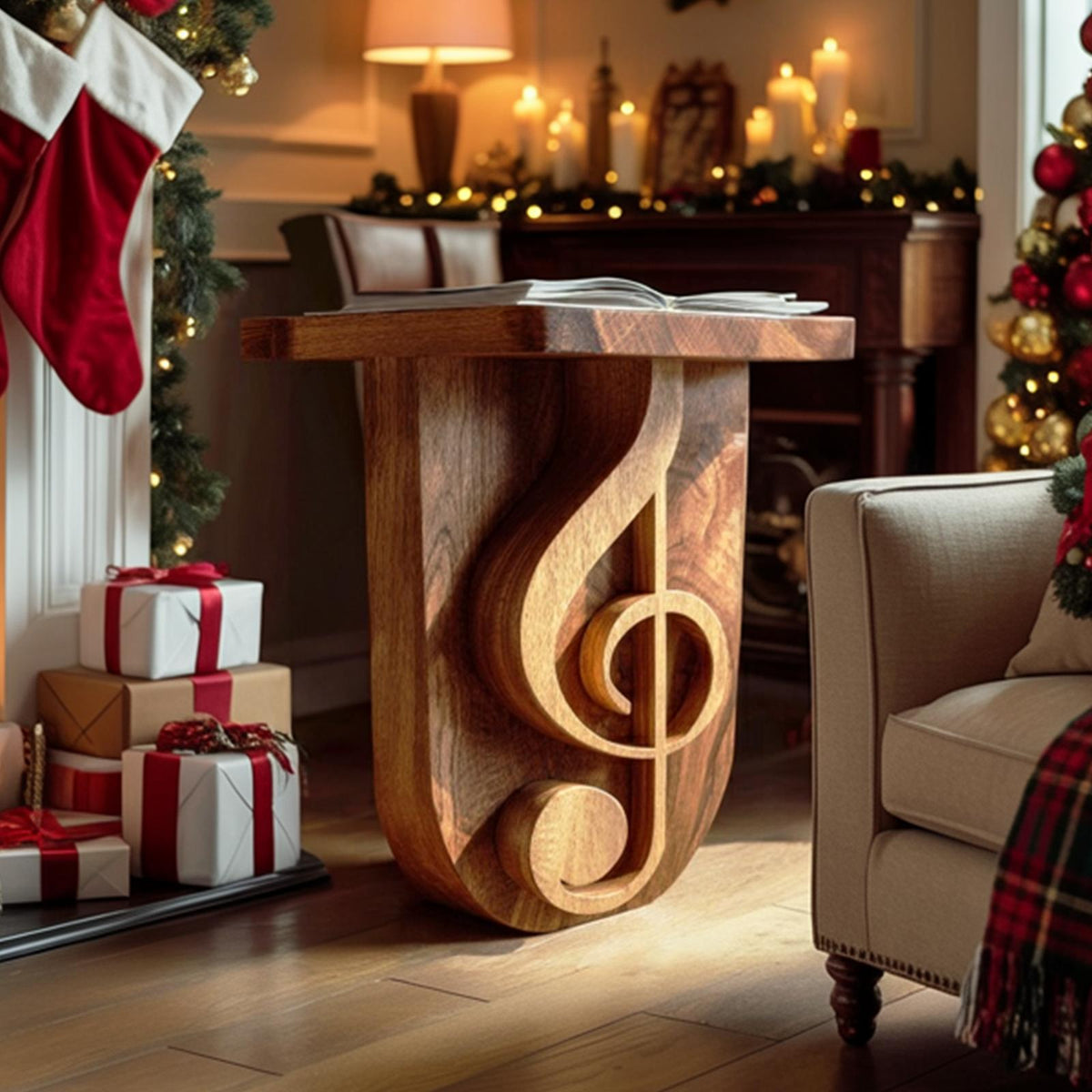 Modern Sculptural Music Note Wood Side Table, Creative Handcrafted Accent Table for Studio & Living Room