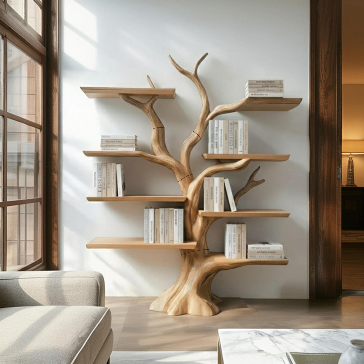 Rustic Organic Tree Branch Shelf, Solid Wood Wall Mounted Bookshelf & Artistic Display Organizer for Entryway, Hallway