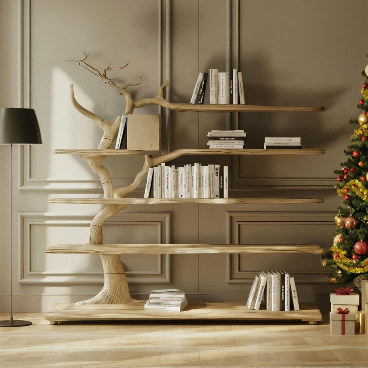 Rustic Organic Decorative Tree Shelf, Solid Wood Branch Bookshelf & Artistic Storage Display for Reading Room, Lounge