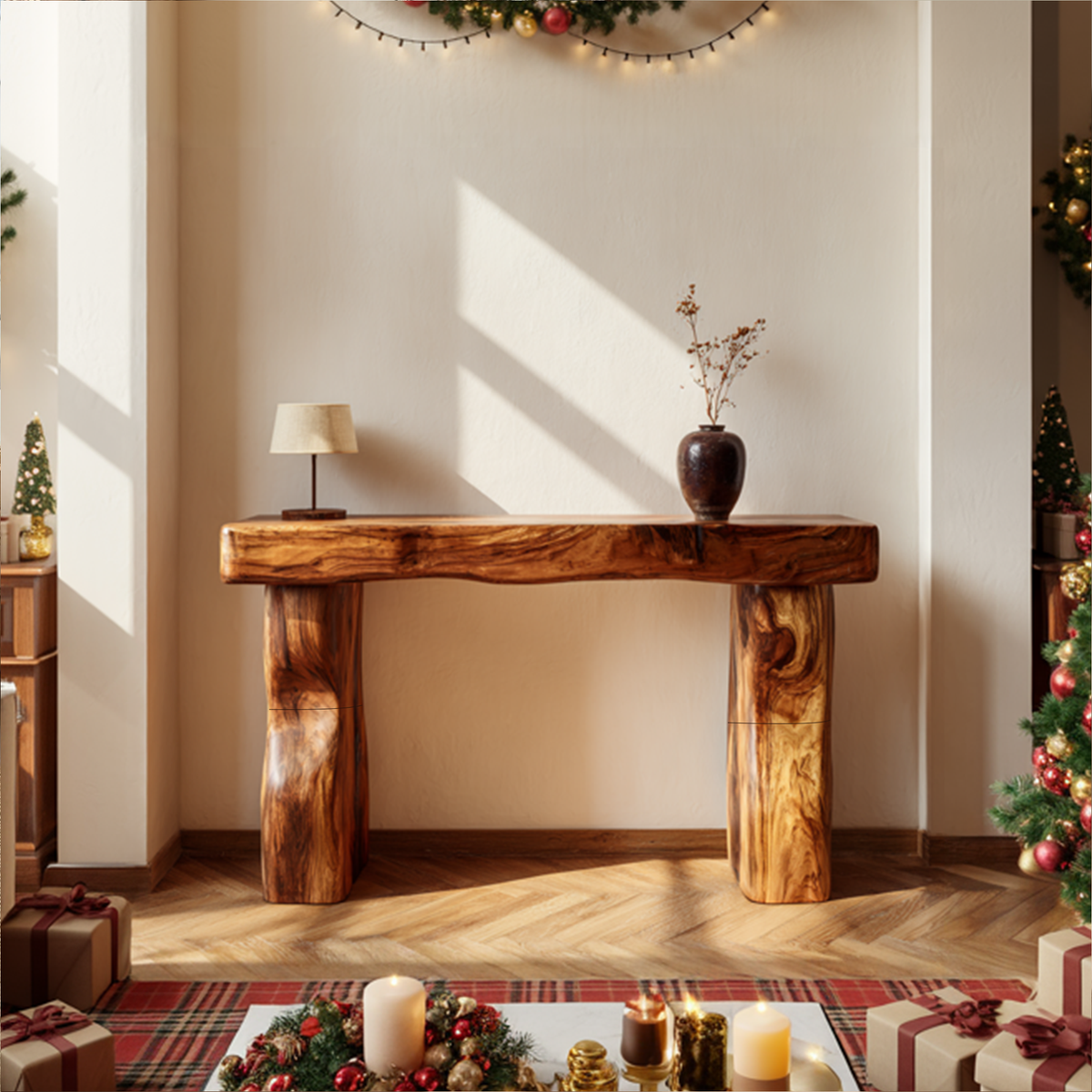 Rustic Solid Wood Console Table with Sculpted Wave Base, Handcrafted Accent Table for Living Room & Entryway