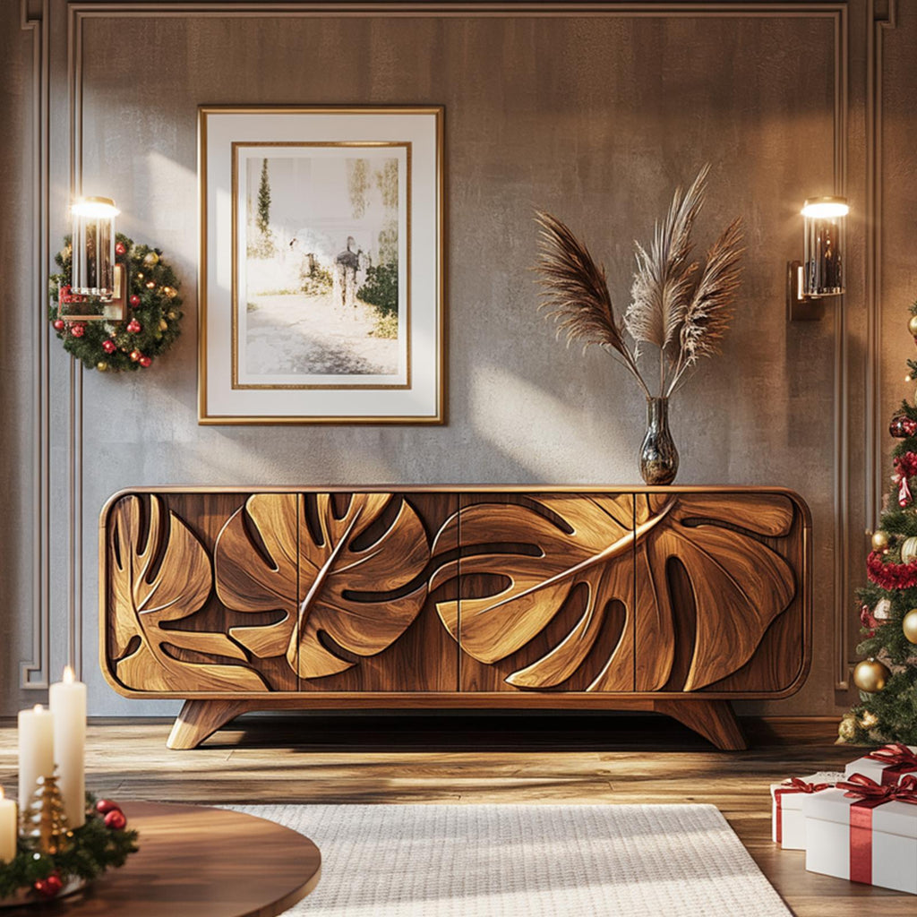 Rustic Leaf-Carved Accent Cabinet, Solid Wood Sideboard with Storage, Handcrafted Credenza for Living Room