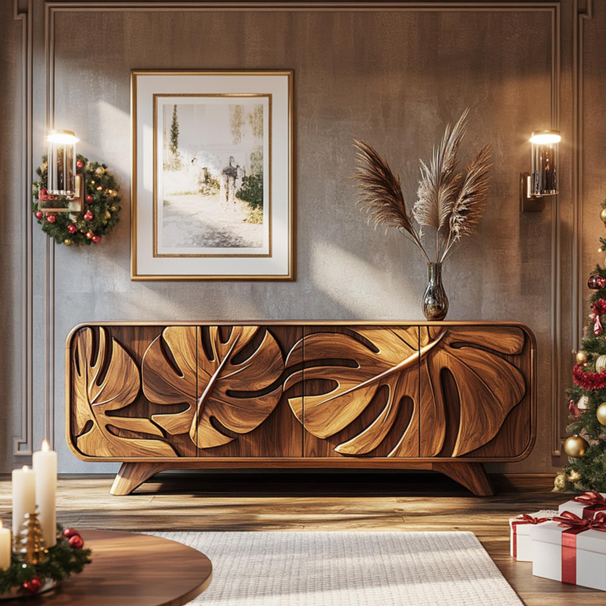Rustic Leaf-Carved Accent Cabinet, Solid Wood Sideboard with Storage, Handcrafted Credenza for Living Room