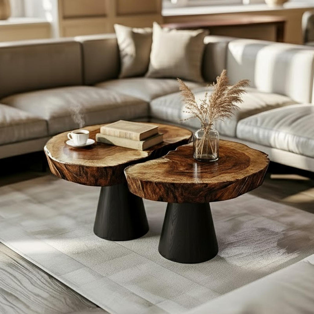 Live Edge Solid Wood Coffee Table with Black Metal Base, Rustic Industrial Living Room Center Accent Table