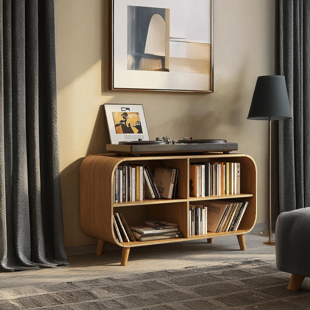 Mid Century Vinyl Record Storage Stand For Entryway Design