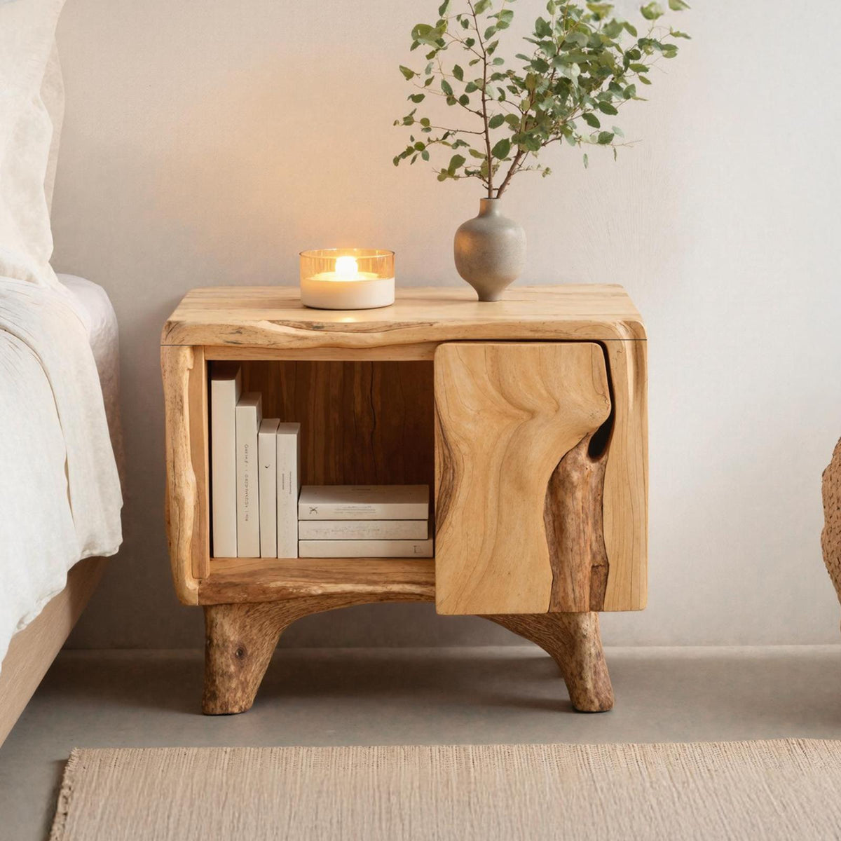 Mid-Century Live Edge Nightstand, Rustic Solid Wood Bedside Accent Table for Modern Bedroom Decor
