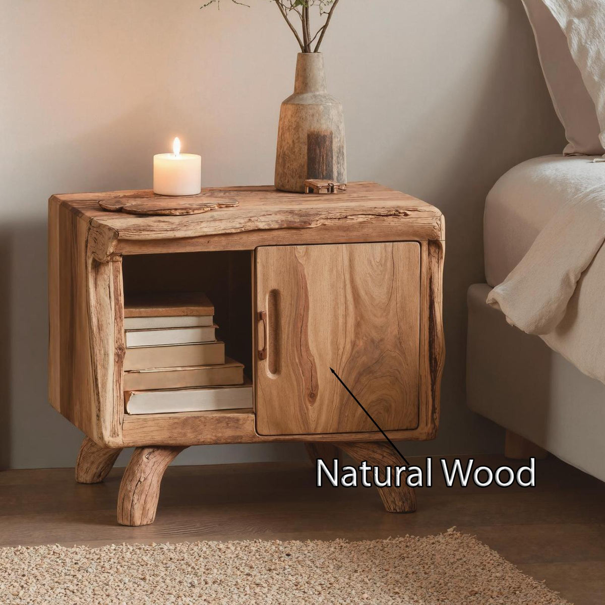 Rustic Solid Wood Nightstand, Handmade Bedside Accent Table for Cozy Bedroom Decor and Storage