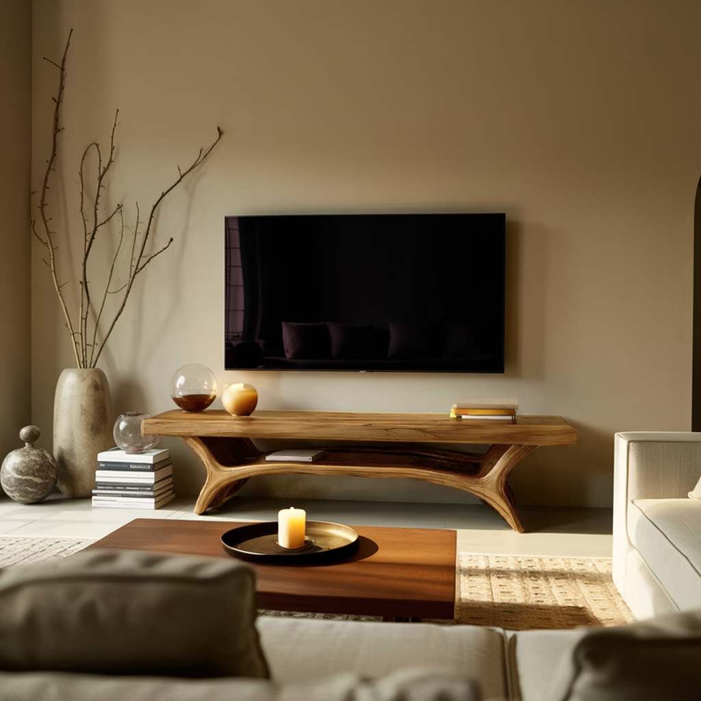 Architectural Wooden TV Stand with Open Storage Shelf, Mid-Century Modern Media Console for Living Room