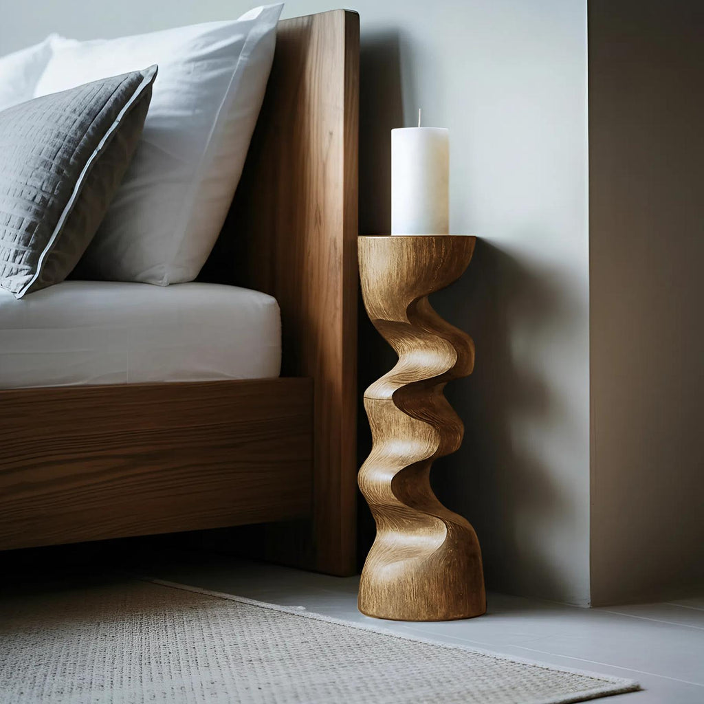 Rustic Wooden Candlestick Holder, Handcrafted Solid Wood Pillar Candle Stand for Bedroom Cozy Ambience Decor