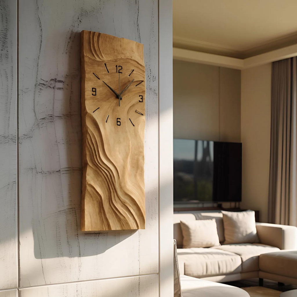 Organic Vertical Sculptural Wall Clock, Handcrafted Modern Wood Hanging Timepiece for Living Room