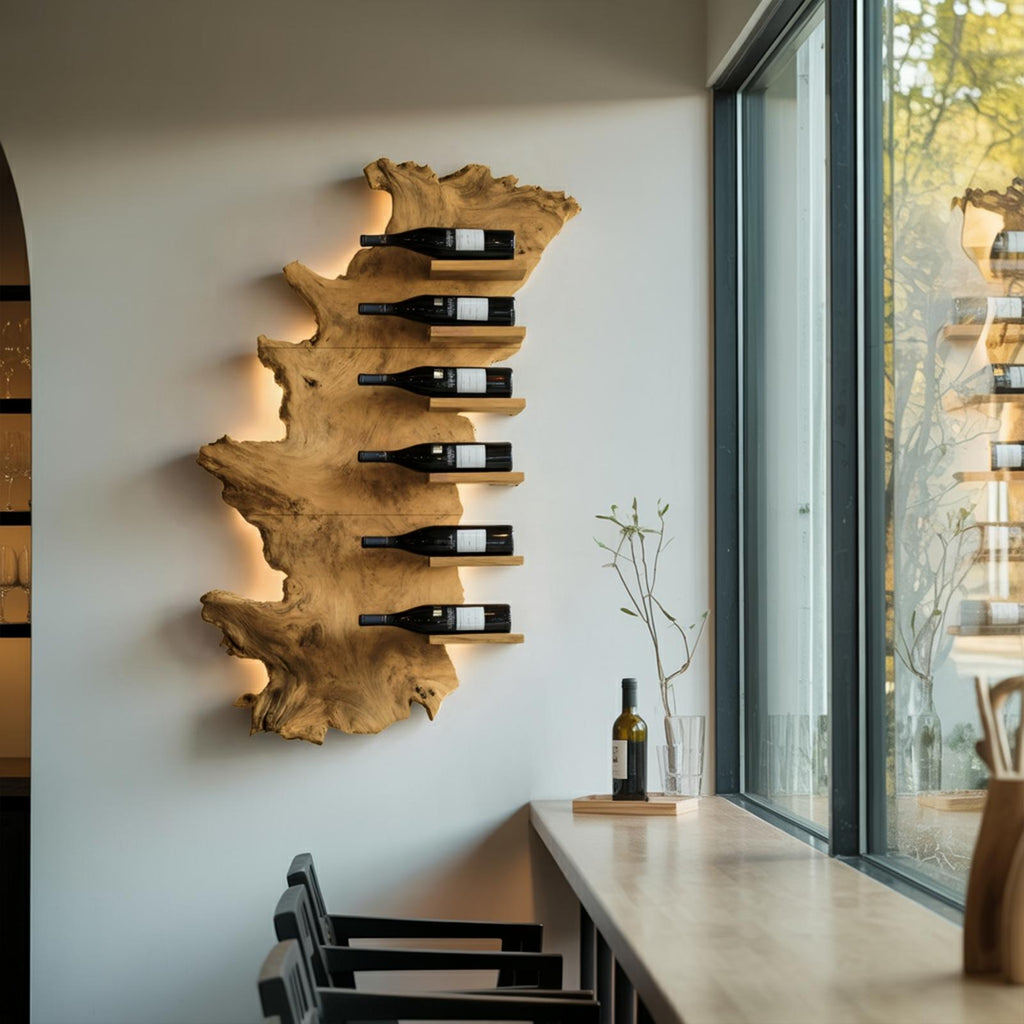 Handcrafted Live Edge Wooden Wine Holder, Rustic Solid Wood Bottle Storage Shelf for Bar Display