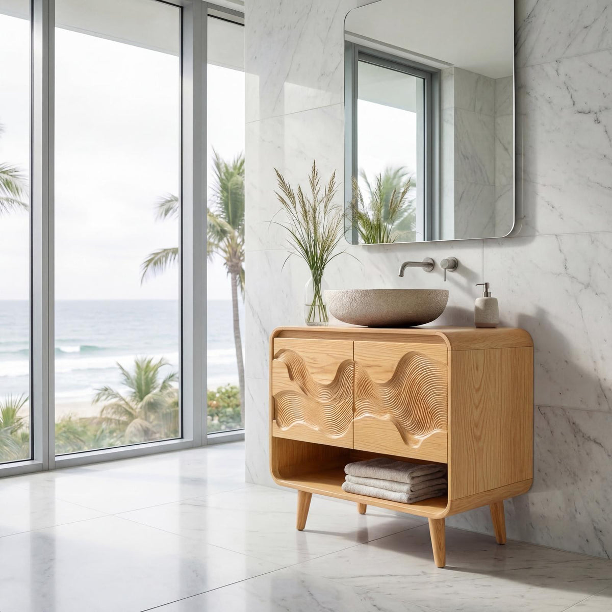 Spry Interior Coastal Solid Wood Bathroom Vanity, Floating Single Basin Sink Cabinet with Under-Sink Storage, Natural Oak Finish, RTTHHNBRV014