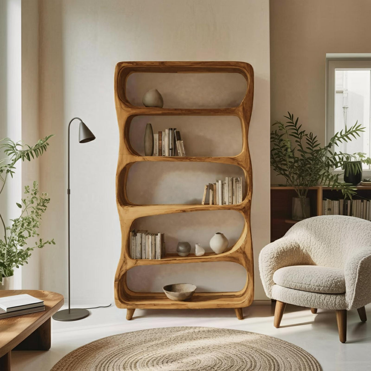 Handcrafted Solid Wood Bookshelf, Modern Standing Bookcase with Open Shelving Unit for Living Room & Office