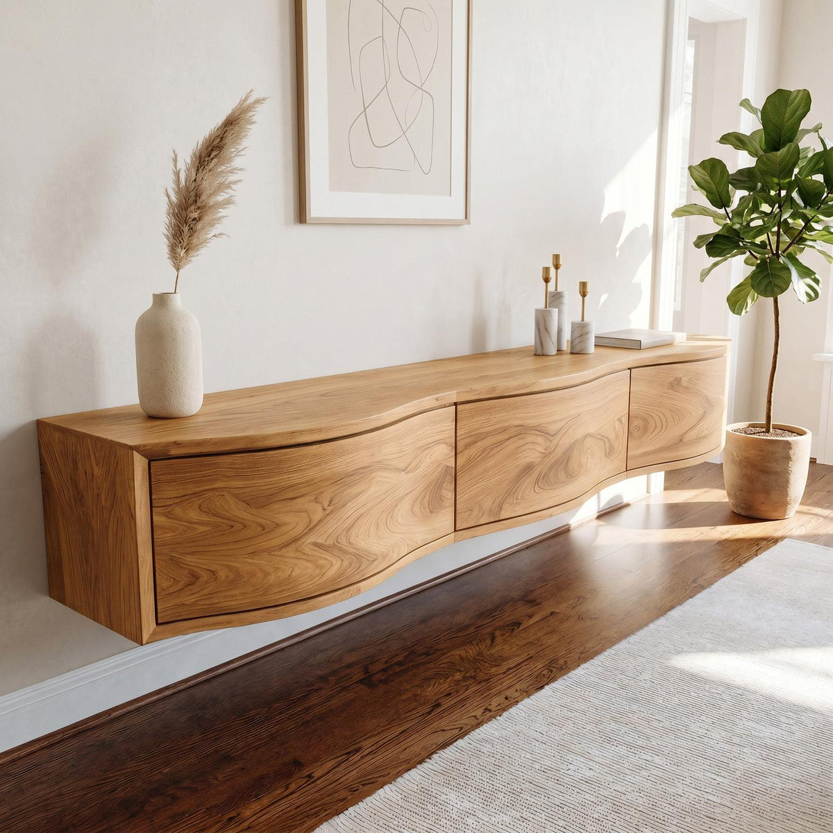 Modern Floating TV Stand Console, Handcrafted Wall Mounted Wooden Media Entertainment Shelf for Home Decor