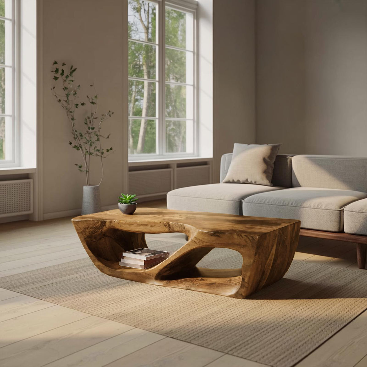 Modern Wooden Coffee Table with Curved Storage Shelf, Low Profile Minimalist Center Table for Living Room, Model