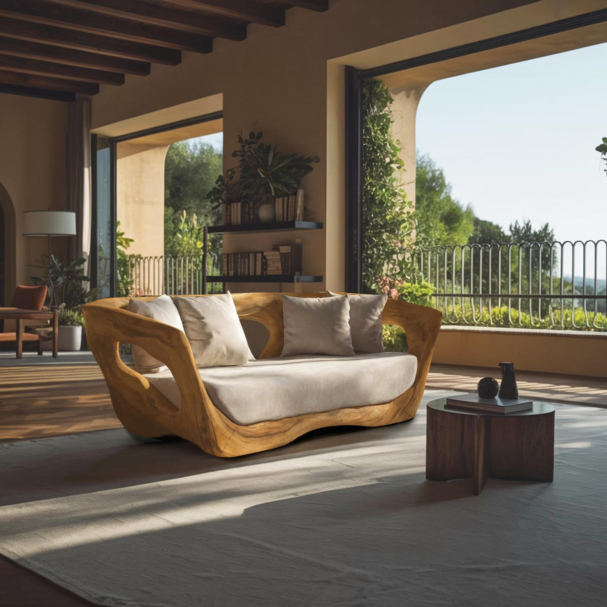 Modern Sculpted Wooden Sofa, Contemporary Lounge Couch Settee, Artistic Designer Loveseat for Living Room