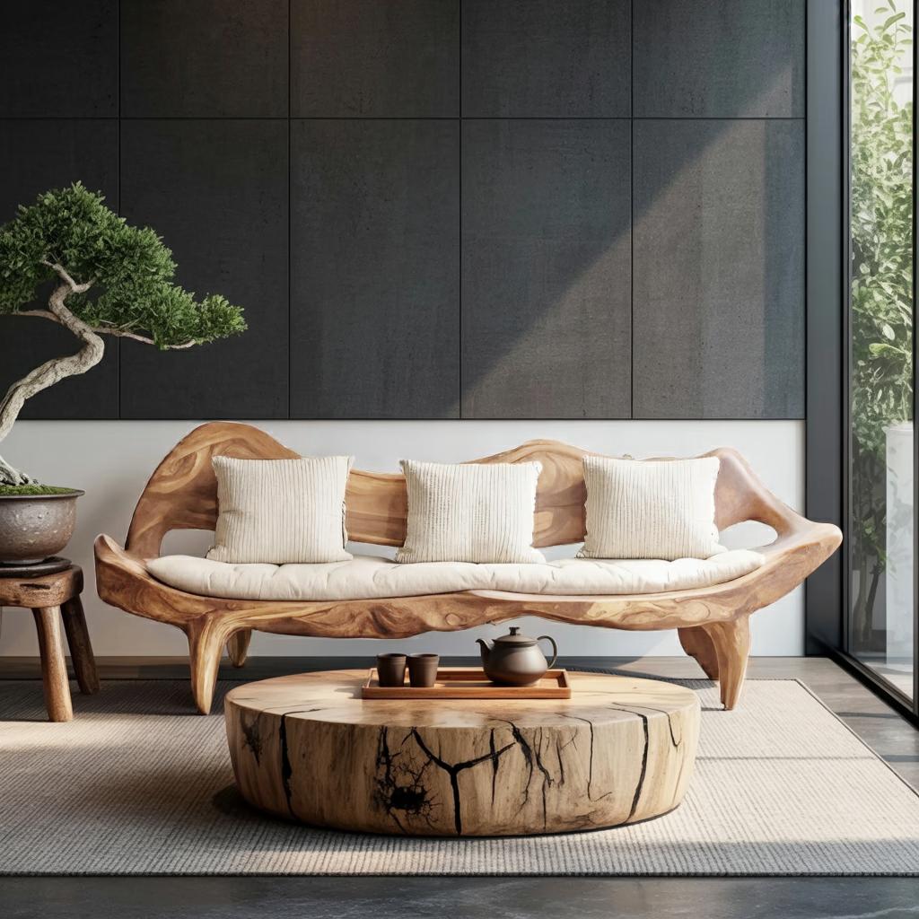 Modern Sofa with Sculptural Wood Frame, Elegant Solid Wood Couch for Living Room, Foyer & Lounge Areas, Model