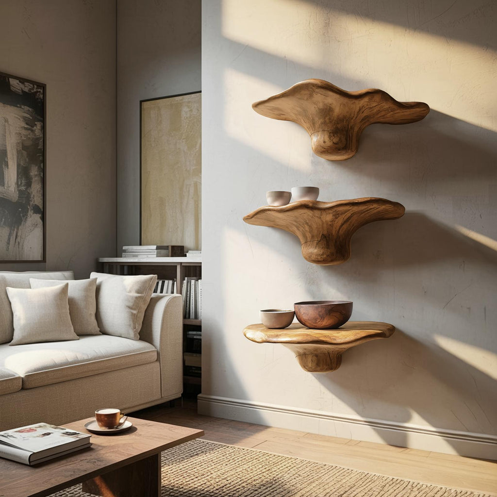 Handcrafted Solid Wood Mushroom Shelf For Bedroom Wall Decor