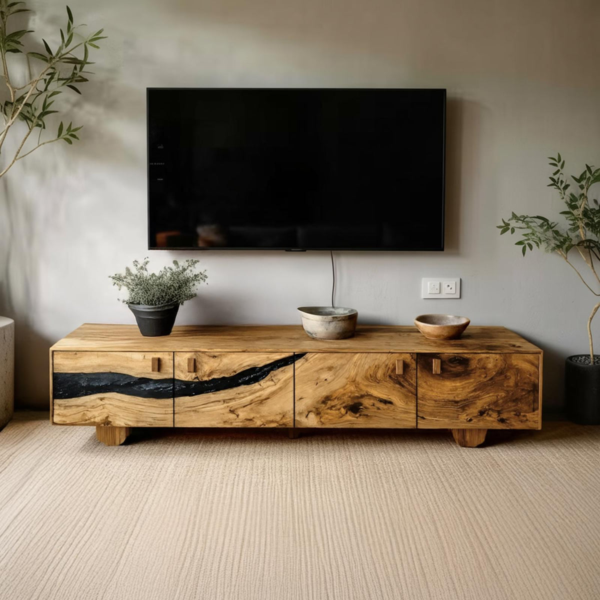 Farmhouse Live Edge TV Cabinet, Rustic Solid Wood Media Console & Bedroom Entertainment Center