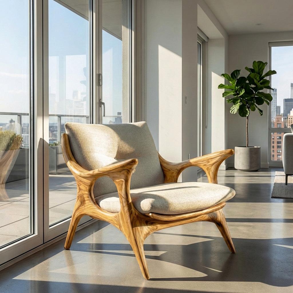 Minimalist Wooden Lounge Chair, Mid-Century Modern Solid Wood Accent Armchair for Living Room Interior, Model