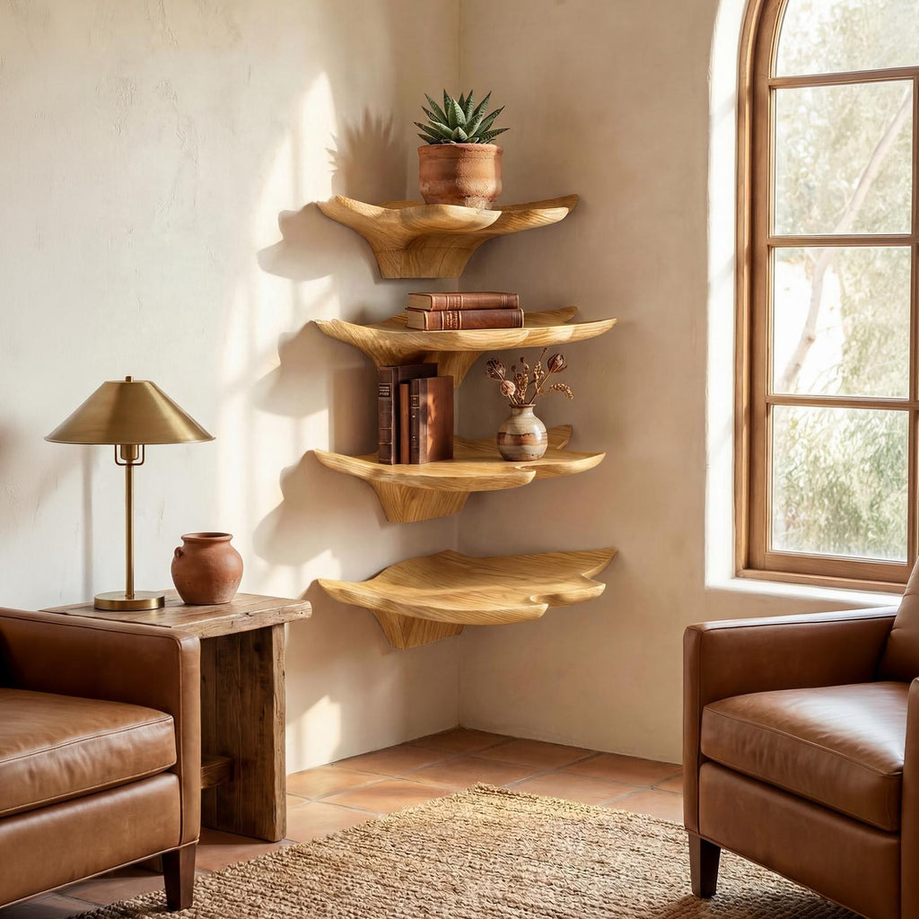 Mid Century Leaf Wall Shelf, Artistic Wooden Plant & Book Display Rack Floating Shelf for Office Home Decor