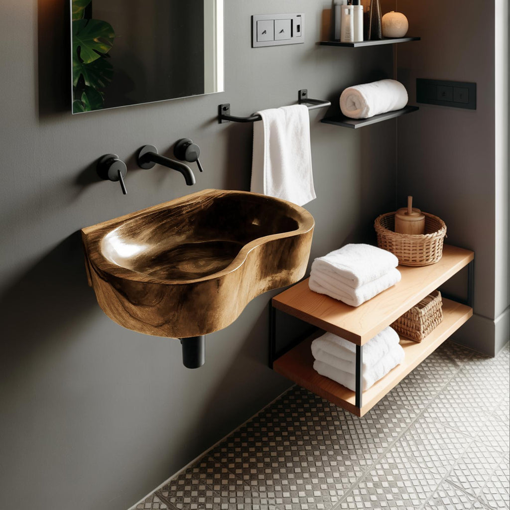 Mid Century Solid Wood Vessel Sink, Elegant Handcrafted Wooden Bathroom Wash Basin for Vanity Top
