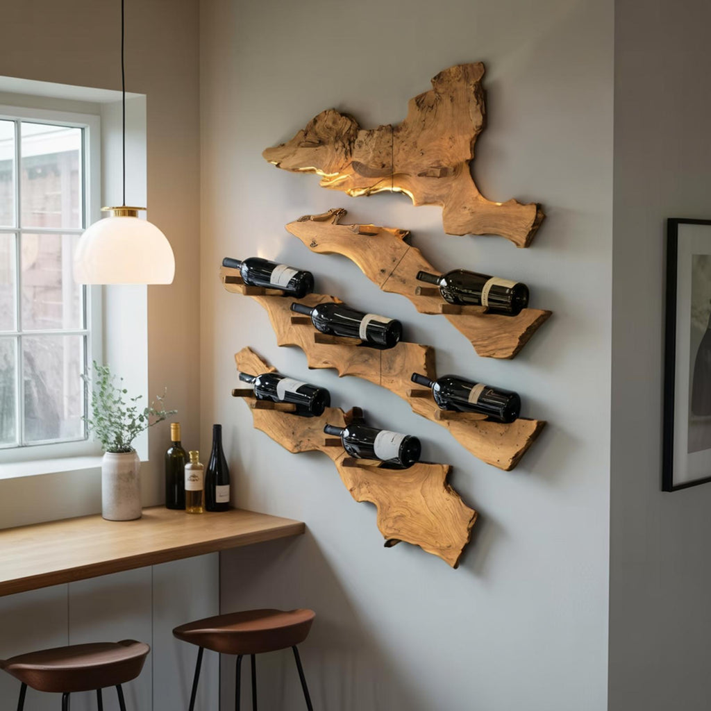 Handcrafted Live Edge Wooden Wine Holder, Rustic Solid Wood Bottle Storage Rack for Bar Decor