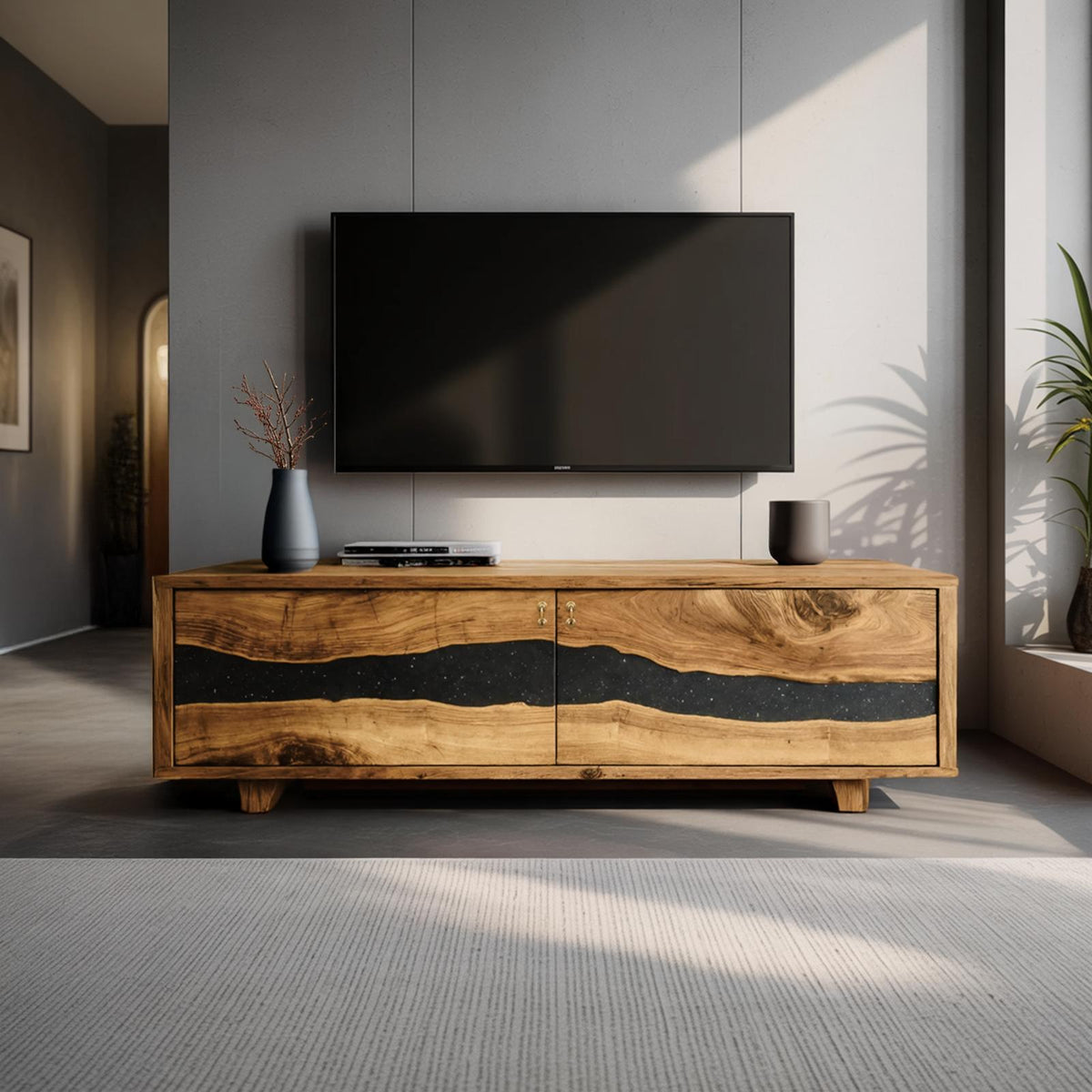 Spry Interior Handcrafted Live Edge TV Cabinet, Rustic Solid Wood Media Console & Entertainment Center Stand, SILDTTNTVC092