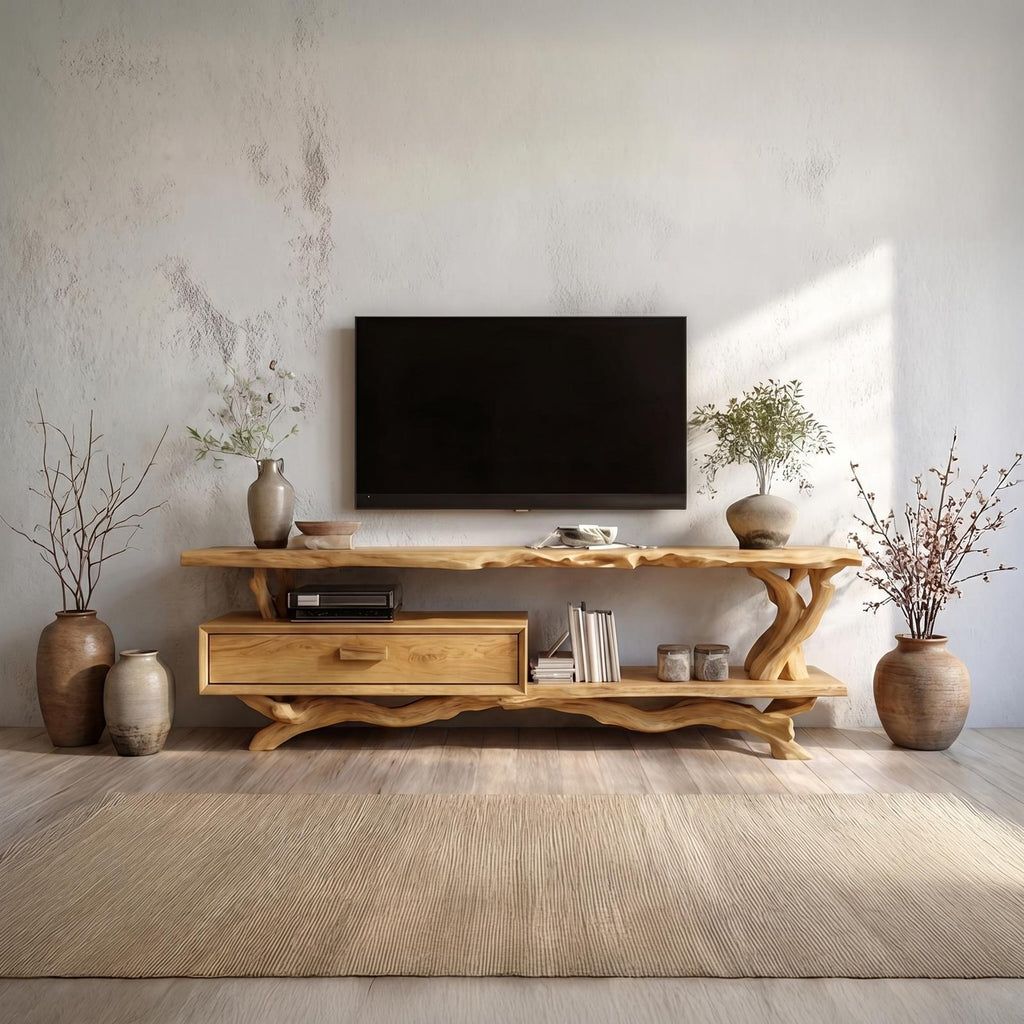 Rustic Live Edge Wood TV Cabinet, Natural Solid Slab Media Console, Low Profile Television Credenza for Living Room