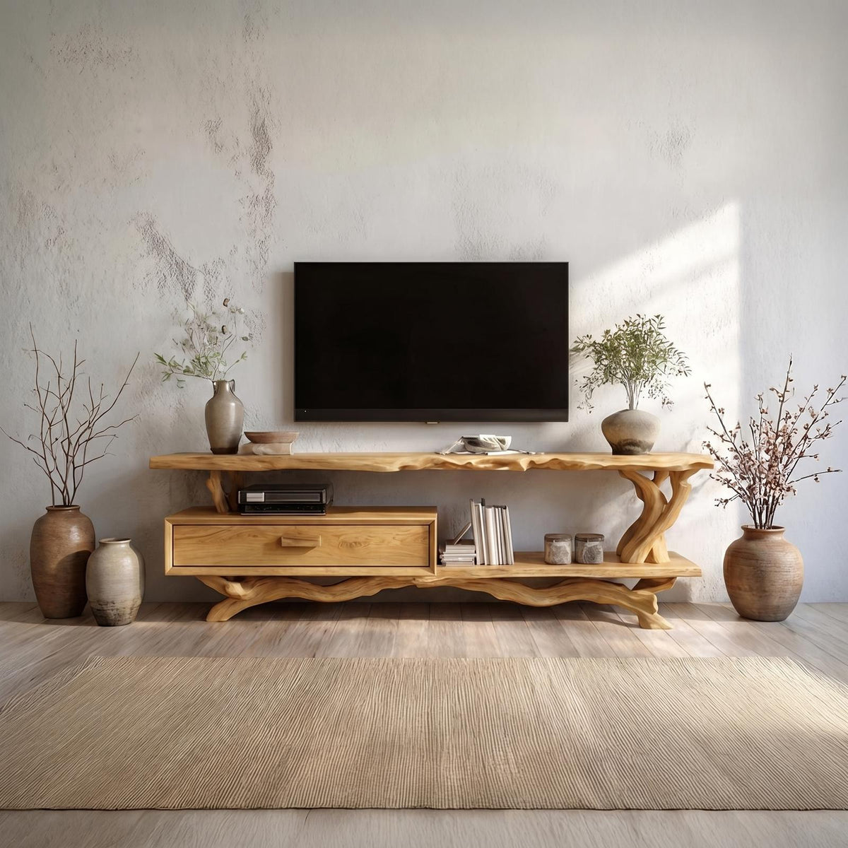 Rustic Live Edge Wood TV Cabinet, Natural Solid Slab Media Console, Low Profile Television Credenza for Living Room