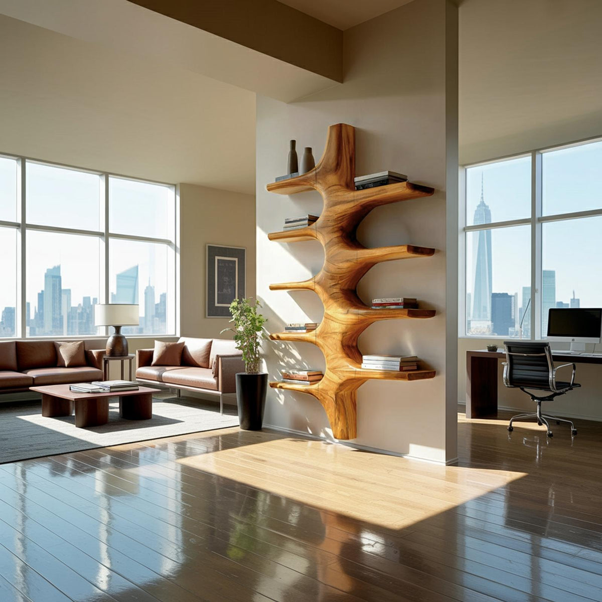 Sculptural Wood Wall Mounted Bookshelf, Handcrafted Floating Bookshelf for Modern Living Room & Bedroom Decor