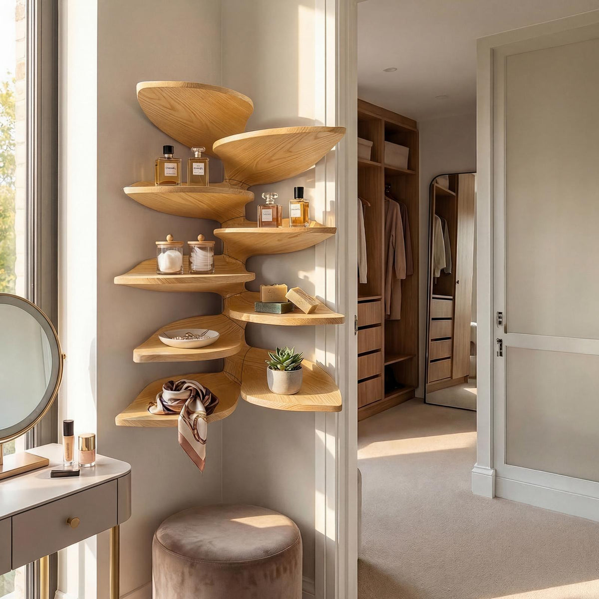Modern Leaf-Shaped Floating Corner Shelf, Handcrafted Solid Wood Wall Mount Display Rack for Entryway & Bathroom