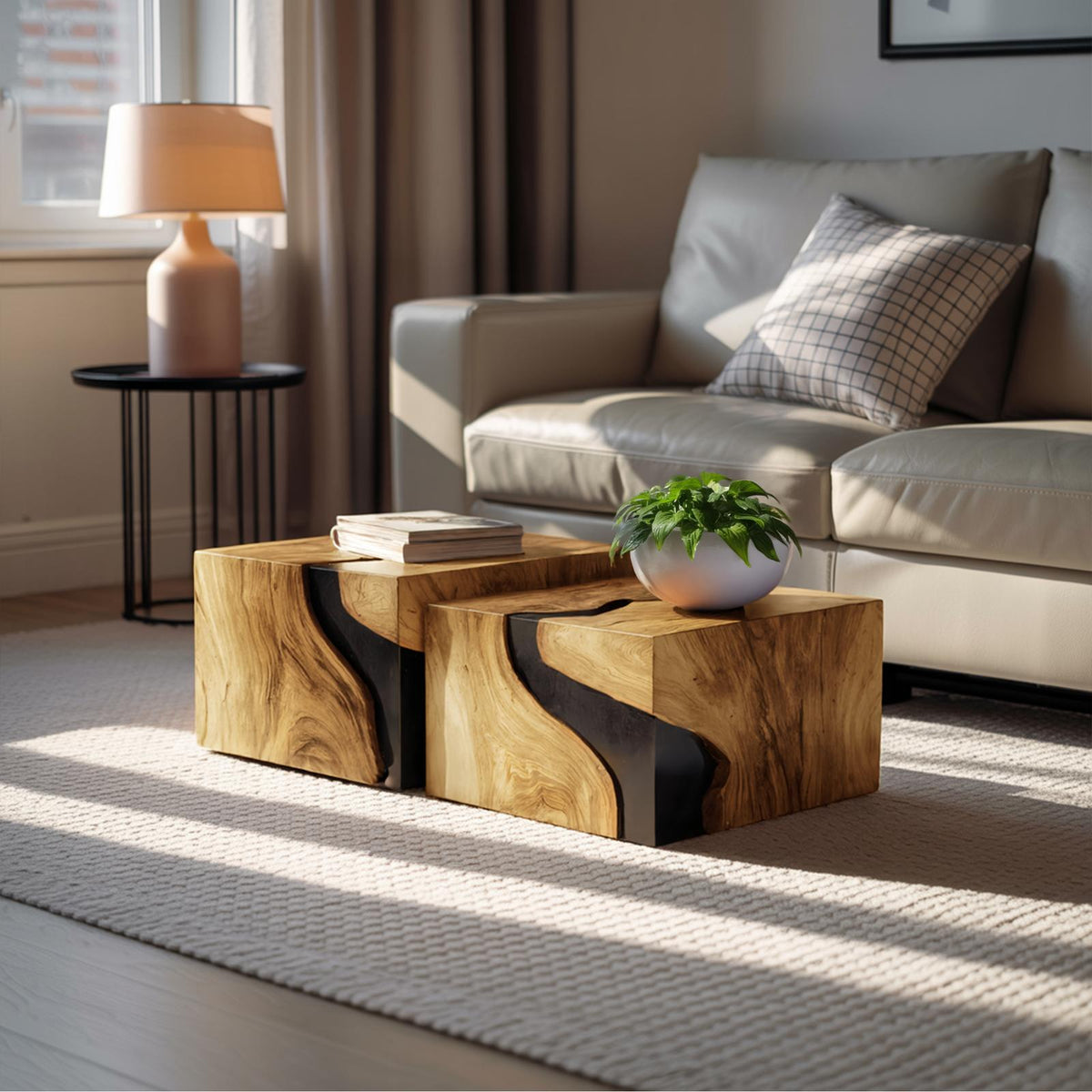 Spry Interior Farmhouse Solid Wood Cube Coffee Table, Rustic Handcrafted Wooden Block End Table & Nightstand for Cozy Bedroom, SILDTTNCF053