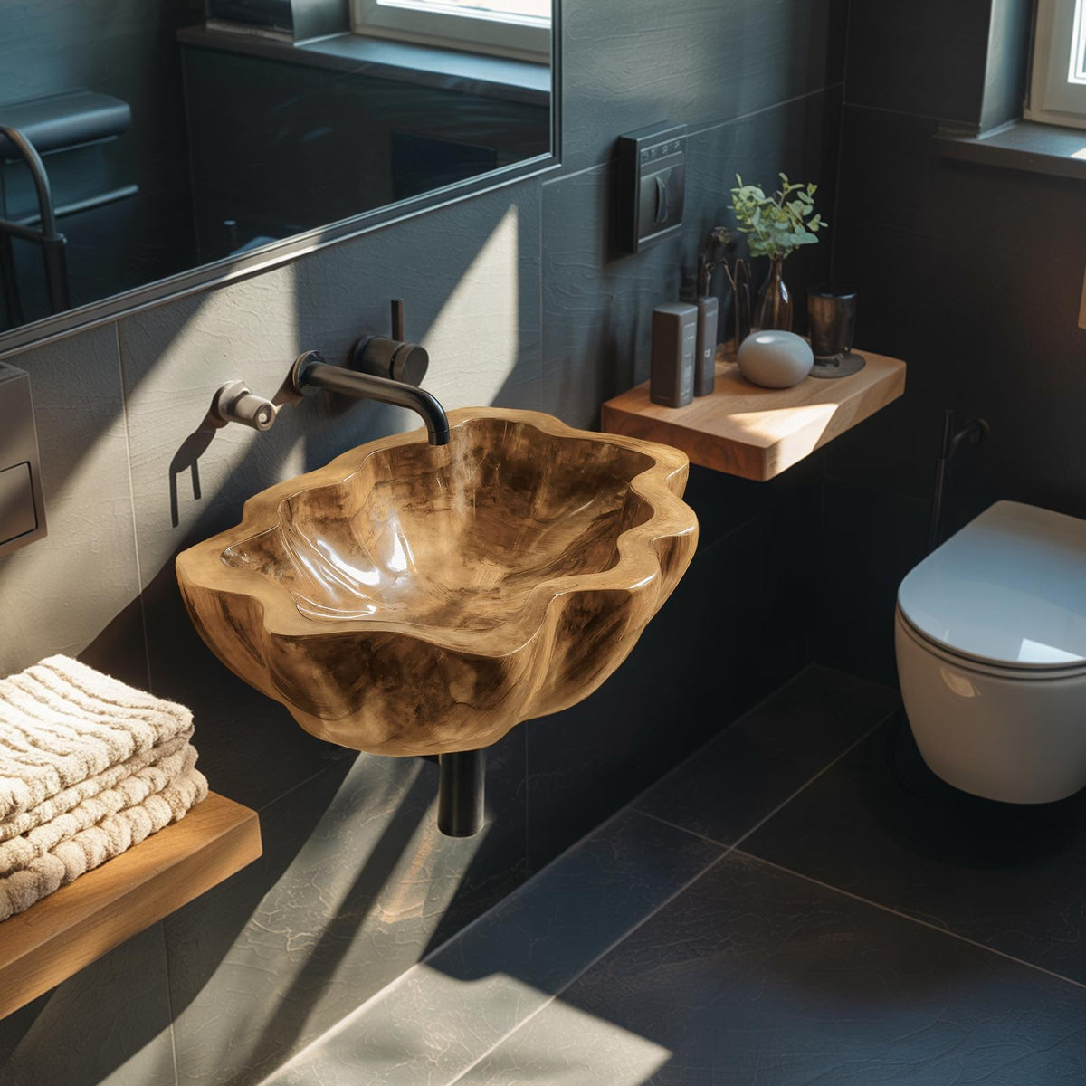 Handcrafted Solid Wood Vessel Sink, Artistic Wooden Bathroom Wash Basin for Vanity Countertops