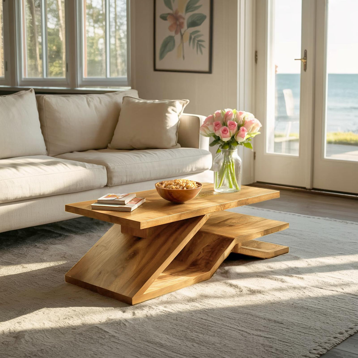 Rustic Coffee Table with Shelf Storage, Handcrafted Solid Wood Center Table for Living Room Decor, Model