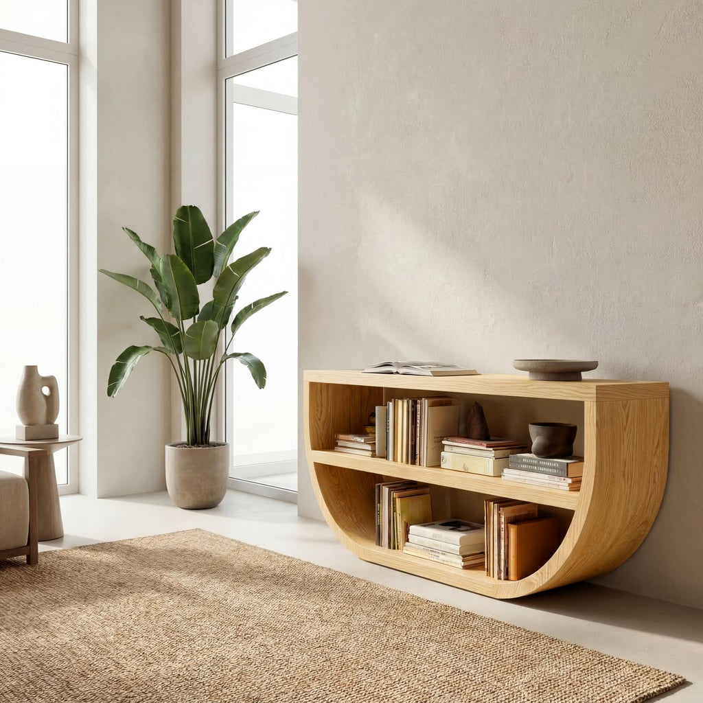 Organic Wooden Console Table With Storage For Living Room