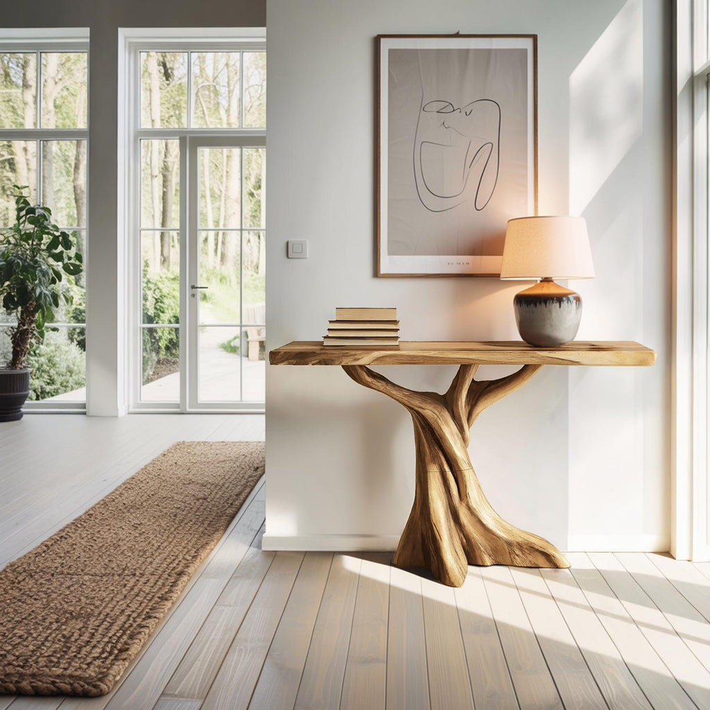 Farmhouse Solid Wood Console Table, Organic Sculptural Wooden Entryway and Bedroom Accent Table for Home Decor