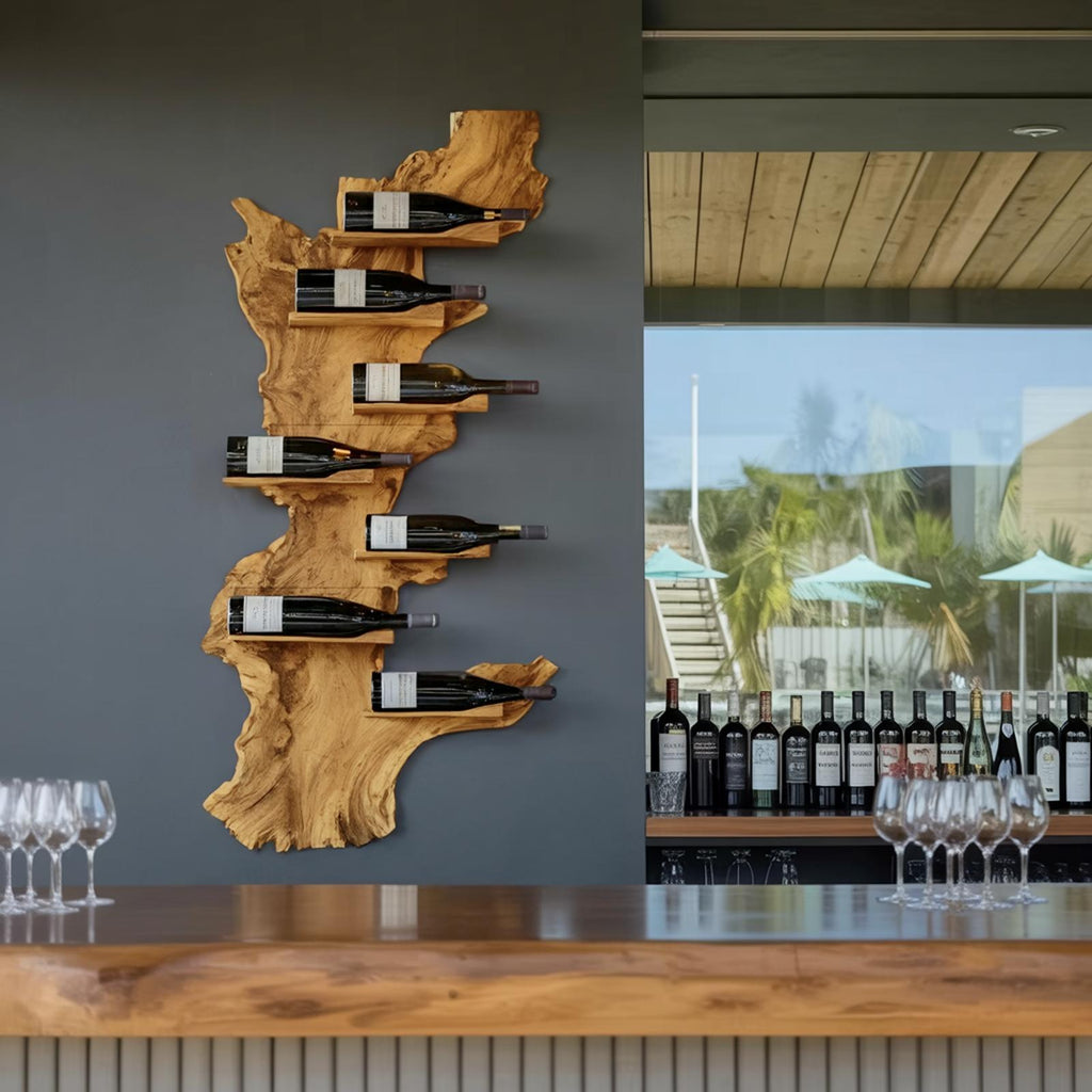 Modern Live Edge Wooden Wine Holder, Handcrafted Solid Wood Bottle Rack for Living Room Decor