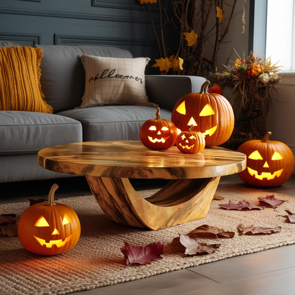 Modern Solid Wood Coffee Table, Ghostly Halloween Style Sculptural Live Edge Accent Table for Living Room