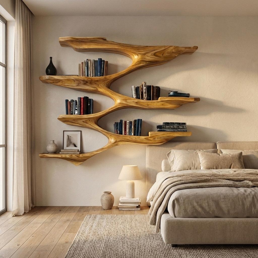 Mid Century Wooden Wall Floating Shelf, Handcrafted Solid Wood Storage Shelf for Living Room