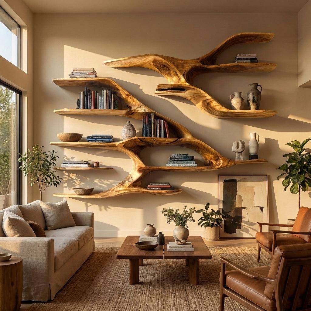 Contemporary Wooden Wall Floating Shelf, Handcrafted Solid Wood Display Ledge for Modern Living Room