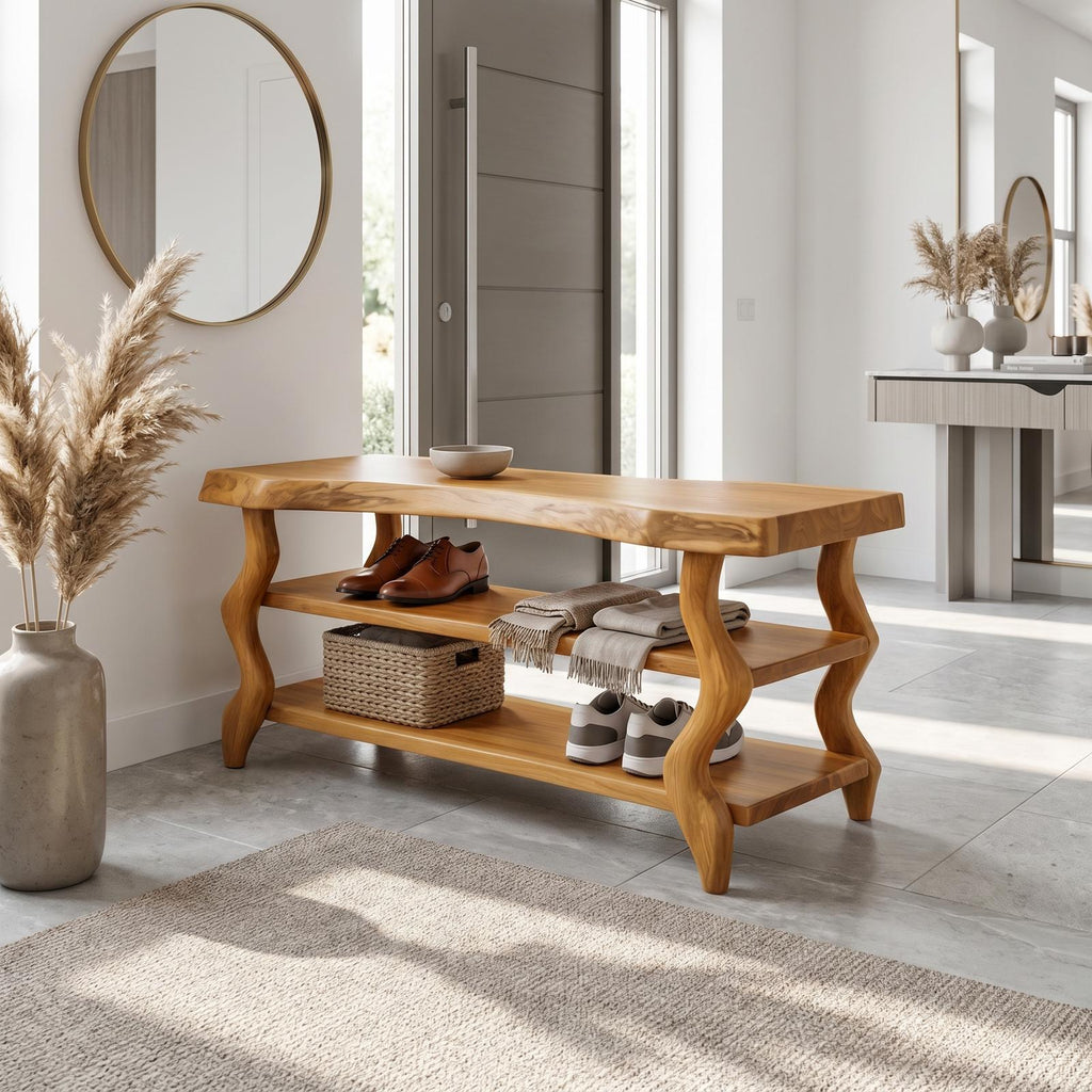 Artisan Rustic Shoe Storage Bench, Handcrafted Solid Wood Entryway Accent Bench with Storage for Living Room