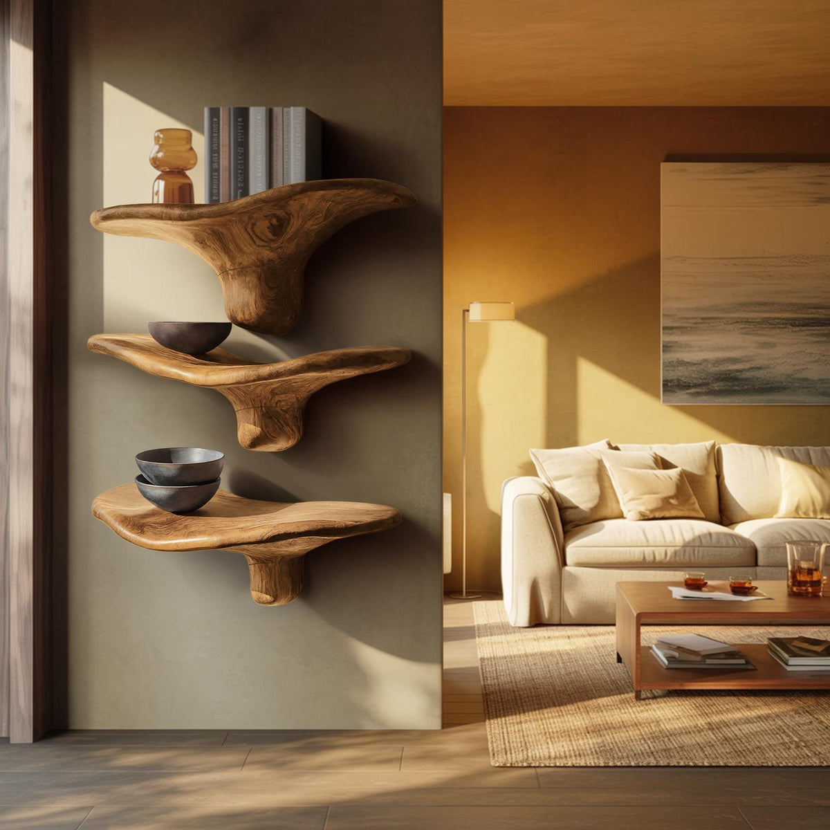 Modern Wooden Live Edge Mushroom Shelf For Minimalist Interior Decor