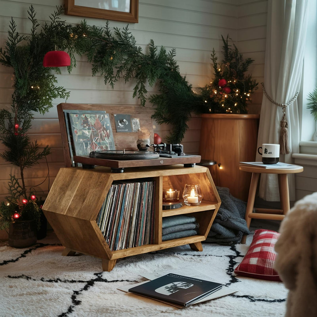 Handcrafted Wooden Record Stand, Rustic LP Vinyl Storage Shelf Organizer Cabinet for Bedroom Holiday Home Decor