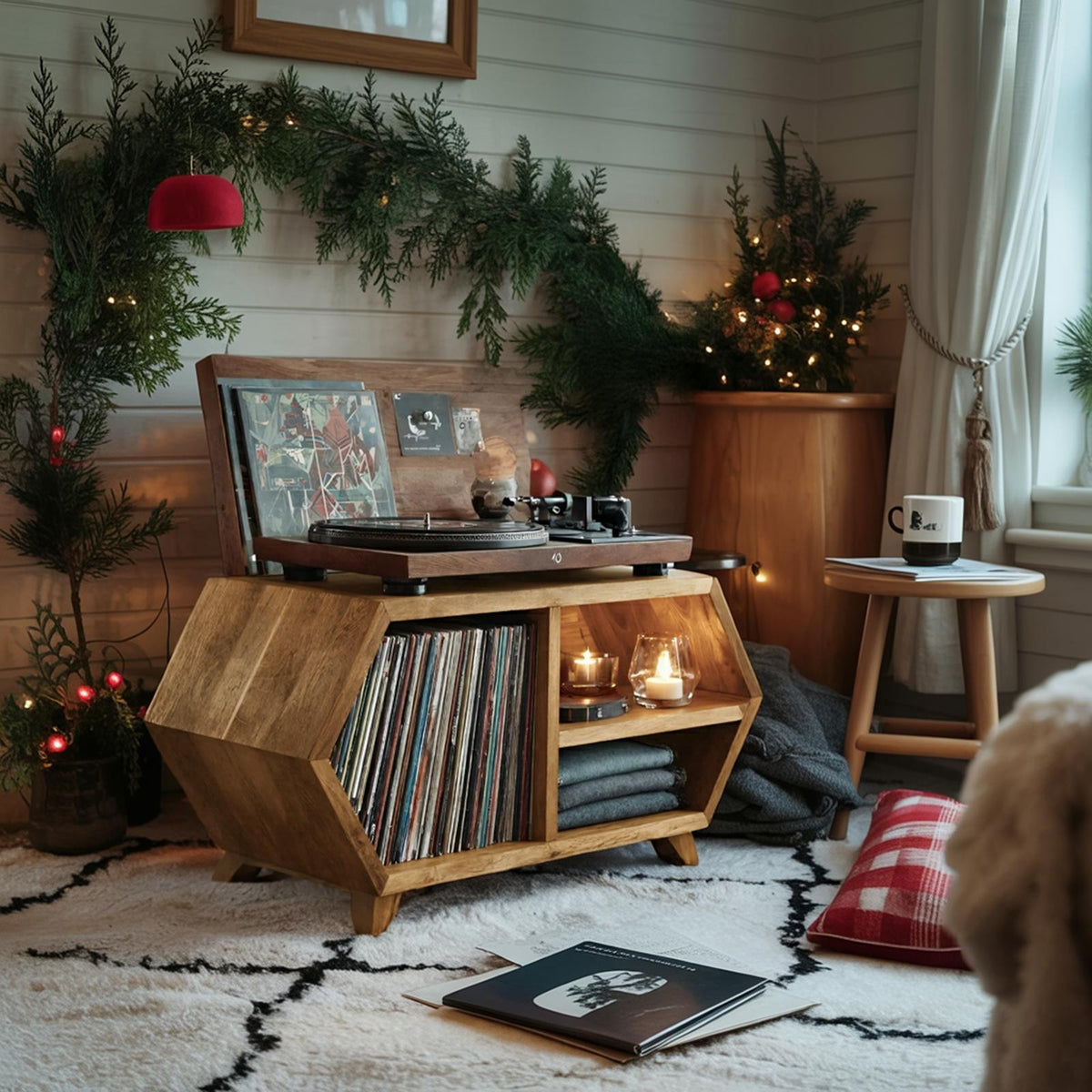 Handcrafted Wooden Record Stand, Rustic LP Vinyl Storage Shelf Organizer Cabinet for Bedroom Holiday Home Decor