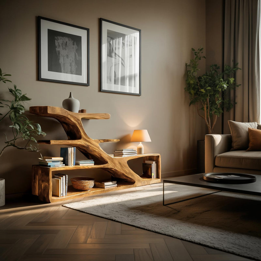Modern Sculptural Curved Bookcase, Handcrafted Wood Bookshelf with Arched Shelves for Living Room & Home Library