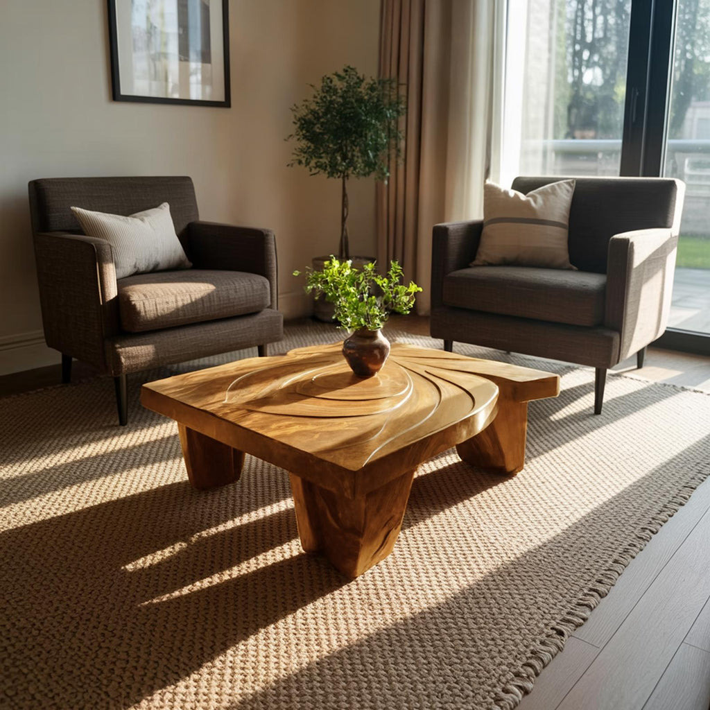 Spry Interior Mid Century Abstract Solid Wood Coffee Table, Handcrafted Wooden Accent Center Table for Living Room, SILDTTRCF070