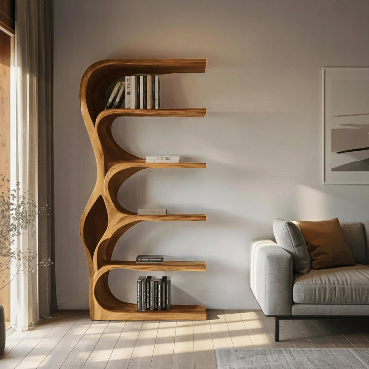 Organic Bookshelf With Curved Open Shelving For Bedroom Decor